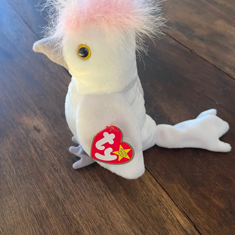 Ty Beanie Plush Trio - White & Pink Cockatoo, Blk Scottie, Blue-Green Chameleon